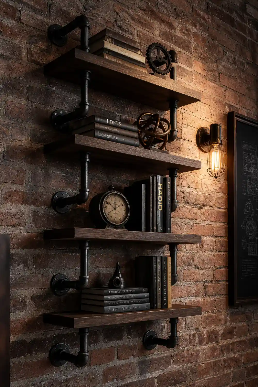 industrial pipe floating shelves wood metal wall shelf exposed brick decor loft style DIY floating shelf ideas rustic modern design