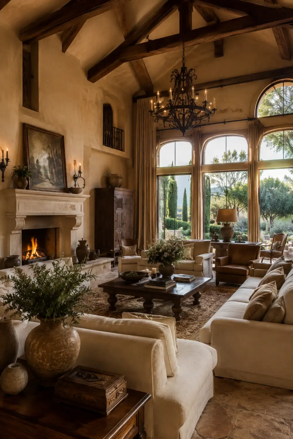 Rustic Mediterranean old money living room with exposed wood beams, arched windows, stone fireplace, linen sofas, warm neutral tones, wrought iron chandelier, rustic wood furniture, and cozy European villa interior design.