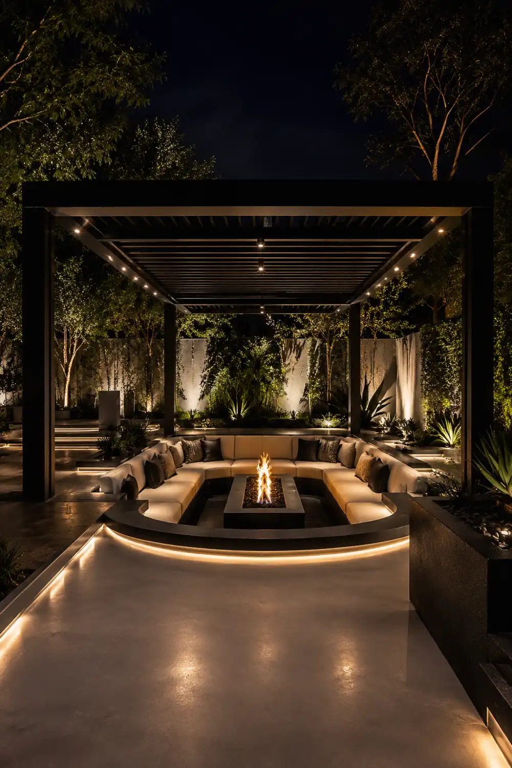 Luxury modern gazebo with sunken fire lounge, curved built-in seating, dramatic LED lighting, black architectural structure, and elegant nighttime backyard landscaping.