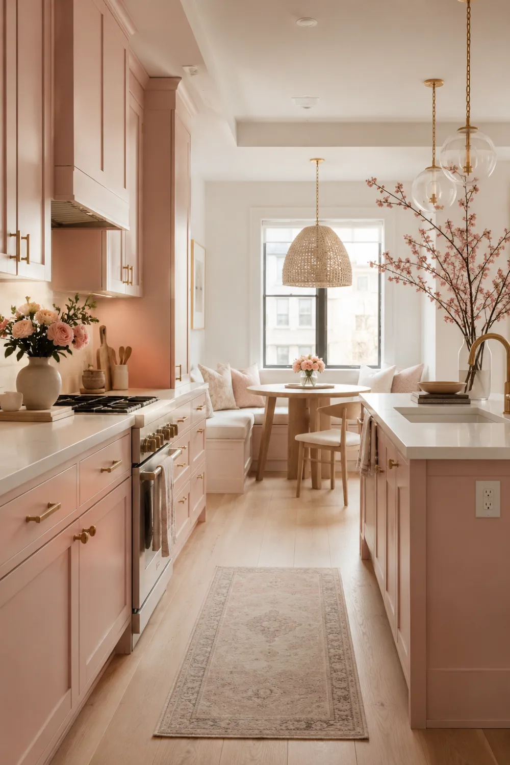 Blush pink kitchen cabinets with gold hardware, woven pendant lighting, white countertops, and feminine modern kitchen styling