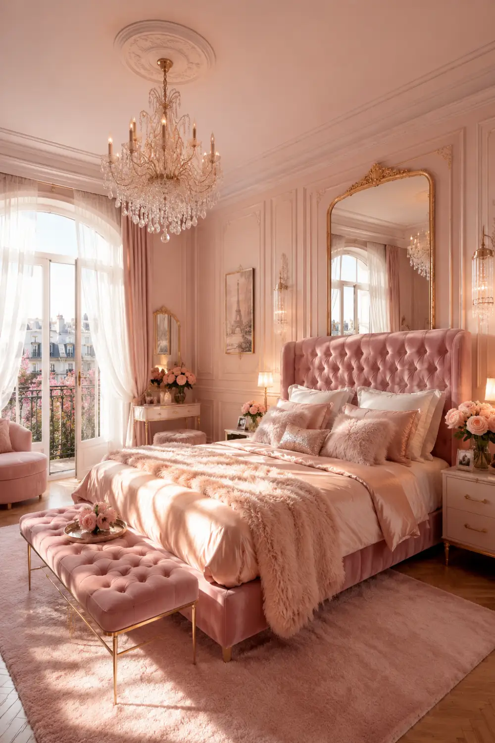 Blush pink glam romantic bedroom with velvet tufted bed, crystal chandelier, gold mirror accents, fluffy bedding, feminine decor, soft natural lighting, and elegant Parisian-inspired luxury styling.