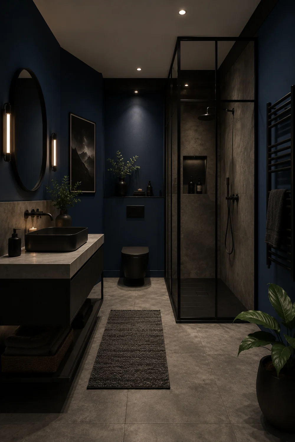 Moody navy blue bathroom with matte black shower frame, dark modern vanity, black sink, concrete textures, soft lighting, minimalist decor, and luxury contemporary bathroom inspiration.
