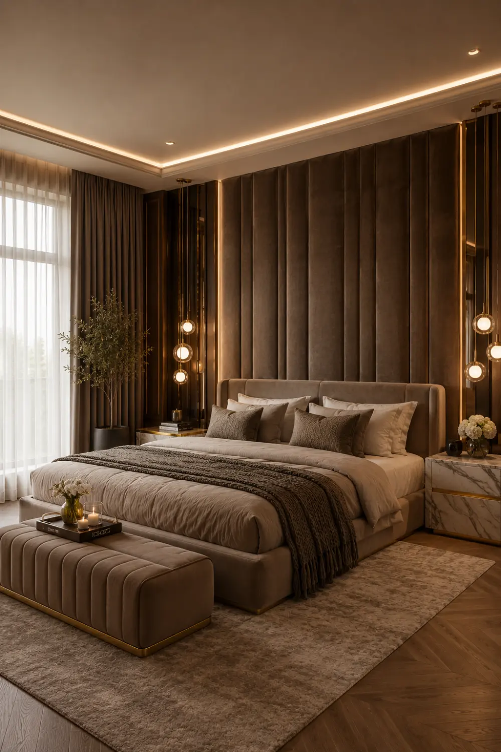 Luxury bedroom with velvet upholstered wall panels, pendant lighting, marble nightstands, soft neutral bedding, warm ambient lighting, plush textures, elegant decor, and modern hotel-inspired bedroom interior.