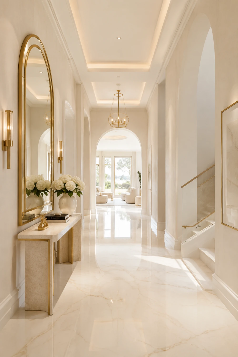 Bright arched hallway with oversized gold mirror, glossy marble floors, elegant archways, soft neutral decor, gold wall sconces, modern pendant lighting, and luxury modern foyer interior styling.