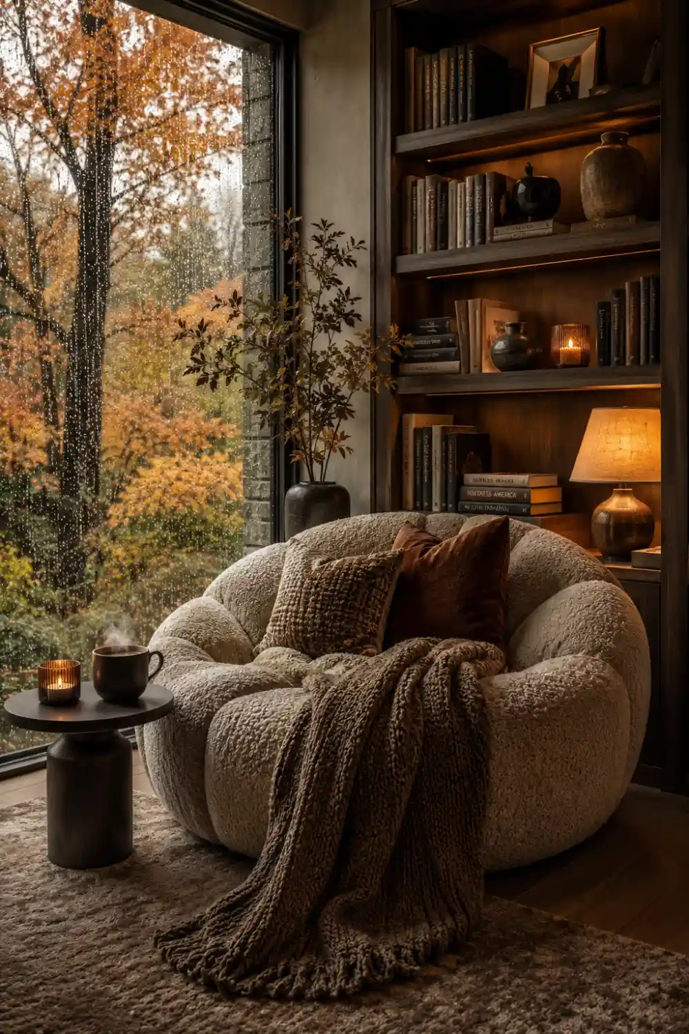 Cozy autumn reading nook with oversized boucle chair, chunky knit blanket, warm table lamp, built-in bookshelves, rainy window view, candles, and luxury fall home decor styling.