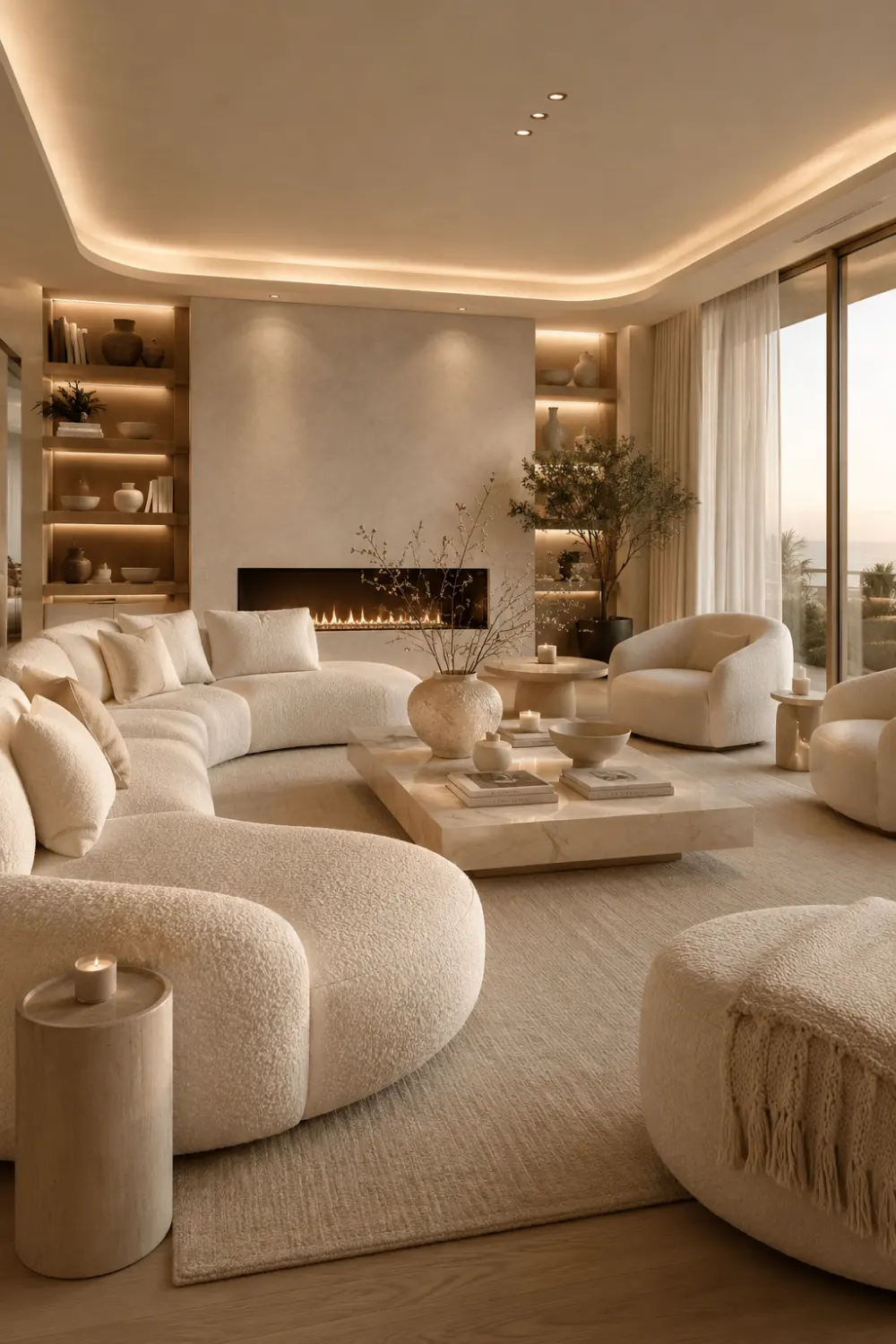 Soft cream minimalist living room with boucle curved sofas, fireplace wall, layered neutral textures, warm ambient lighting, modern sculptural decor, and elegant cozy interior styling.
