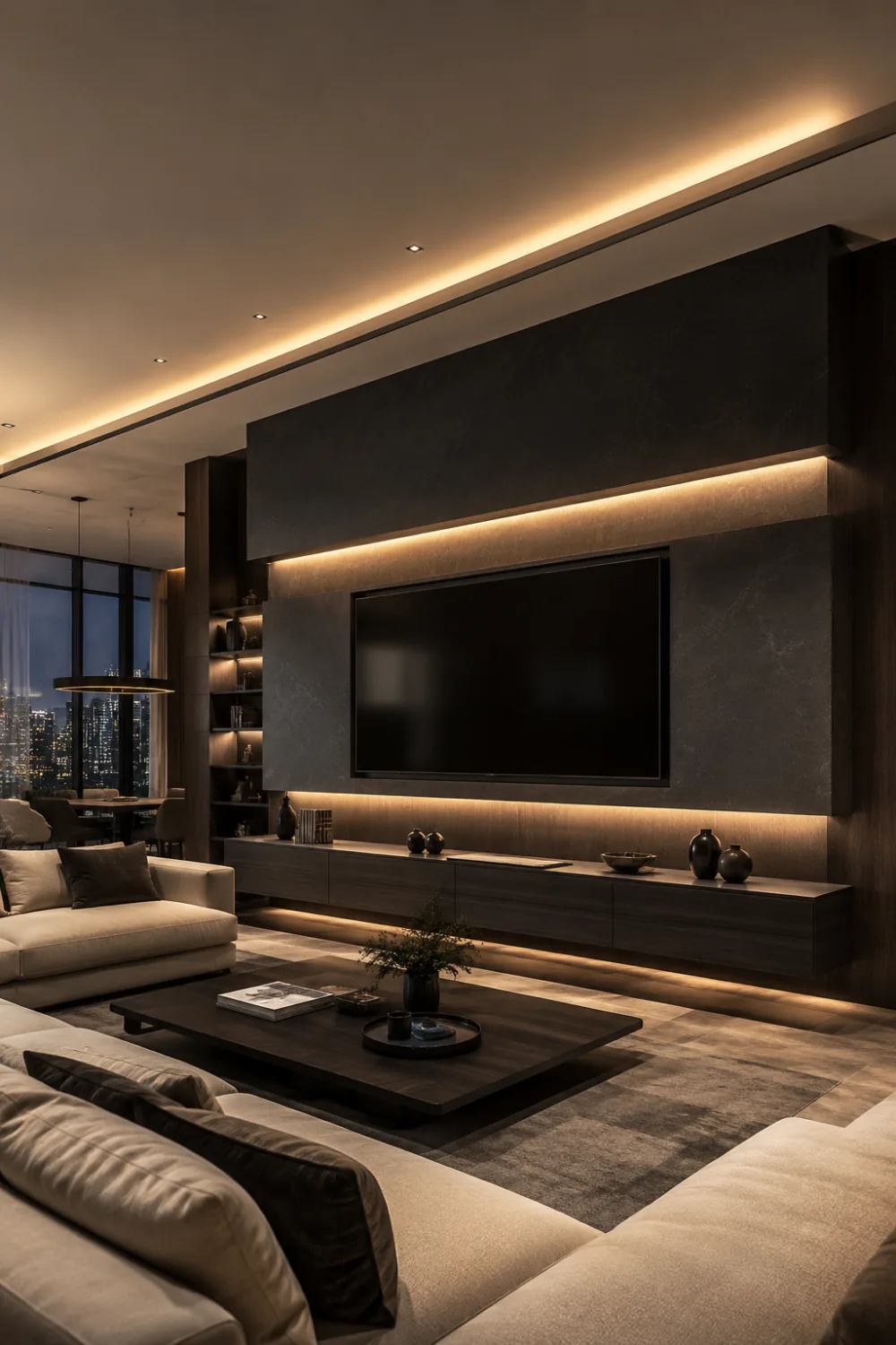 Layered floating media wall with dark textured panels, warm hidden LED lighting, floating wood console, modern luxury furniture, and contemporary penthouse living room design.