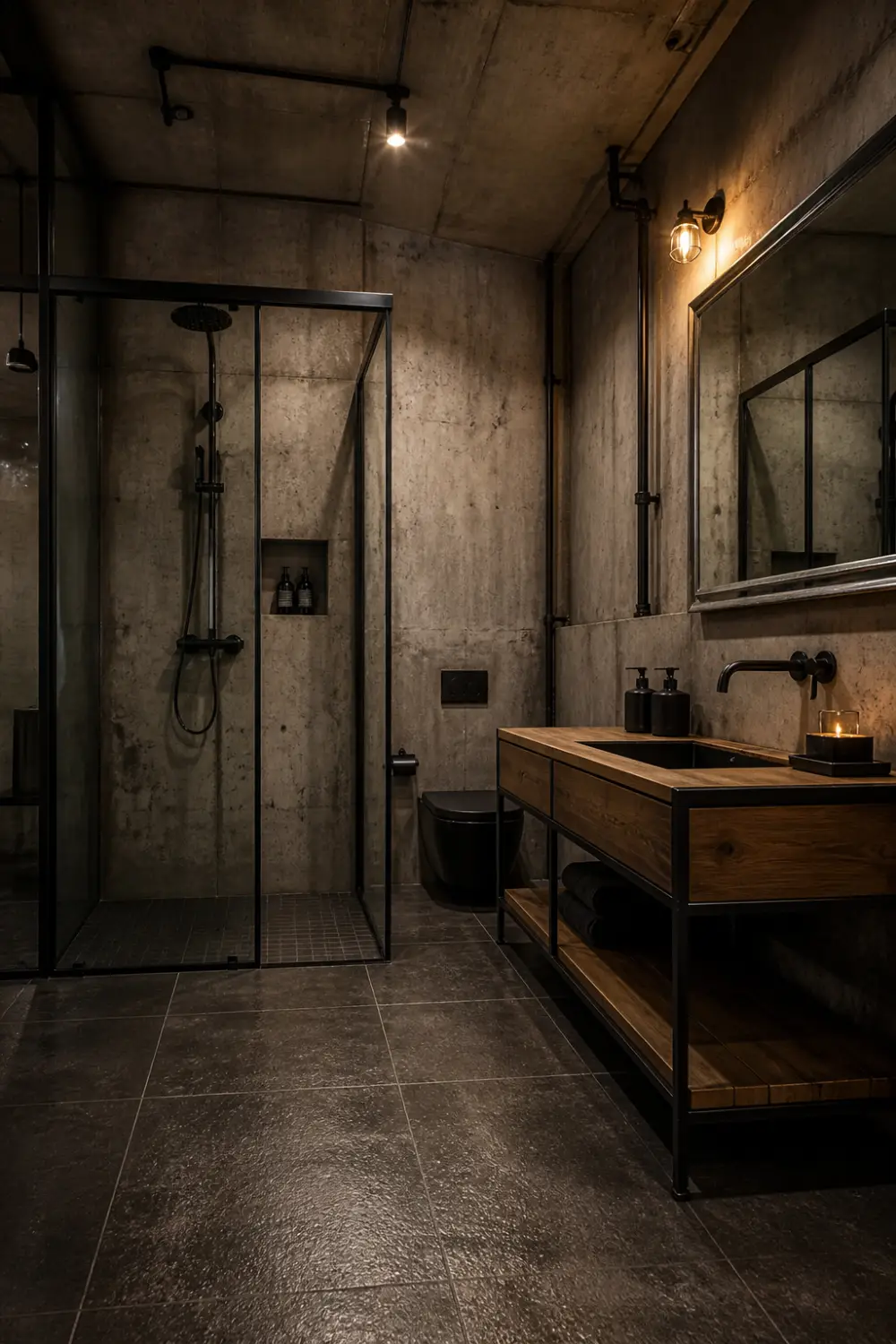 industrial black and white bathroom with concrete walls, black metal shower frame, wooden vanity, exposed pipes, dark tiles, urban loft style bathroom interior