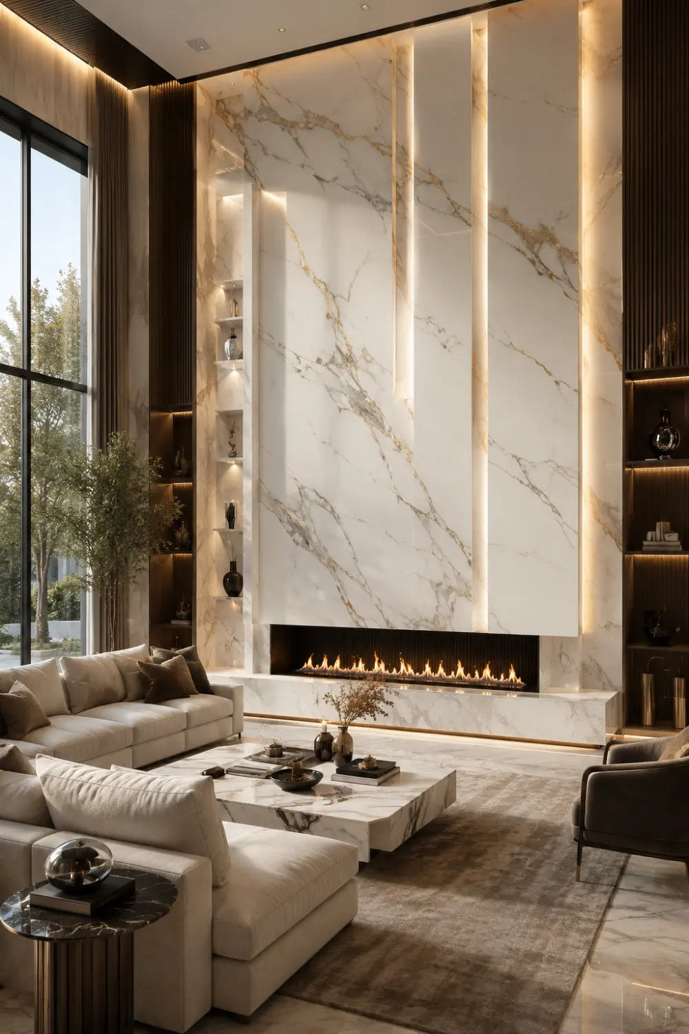 Luxury double-sided modern fireplace with open-concept living room and dining area, warm lighting, neutral decor, and elegant contemporary styling
