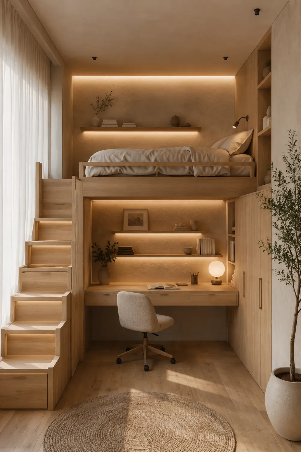Loft-style Japandi bedroom with elevated wooden bed, built-in workspace, hidden LED shelf lighting, minimalist storage cabinets, warm oak textures, and cozy small apartment design.