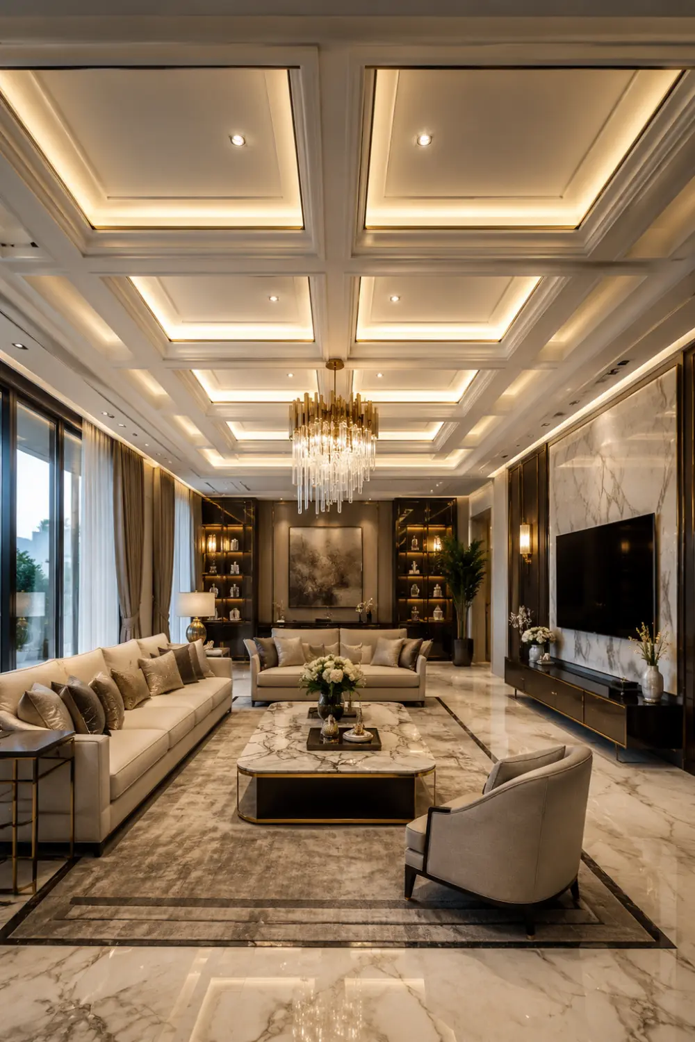Luxury coffered modern ceiling with elegant recessed panels, warm ambient lighting, crystal chandelier, marble flooring, and upscale living room interior styling.