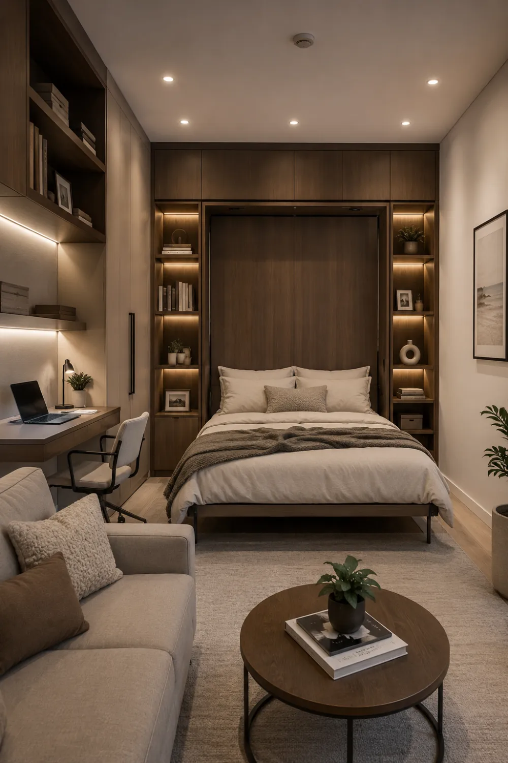 Multifunctional tiny bedroom with workspace, built-in storage shelves, cozy lounge seating, warm wood finishes, LED lighting, and modern compact apartment design inspiration.