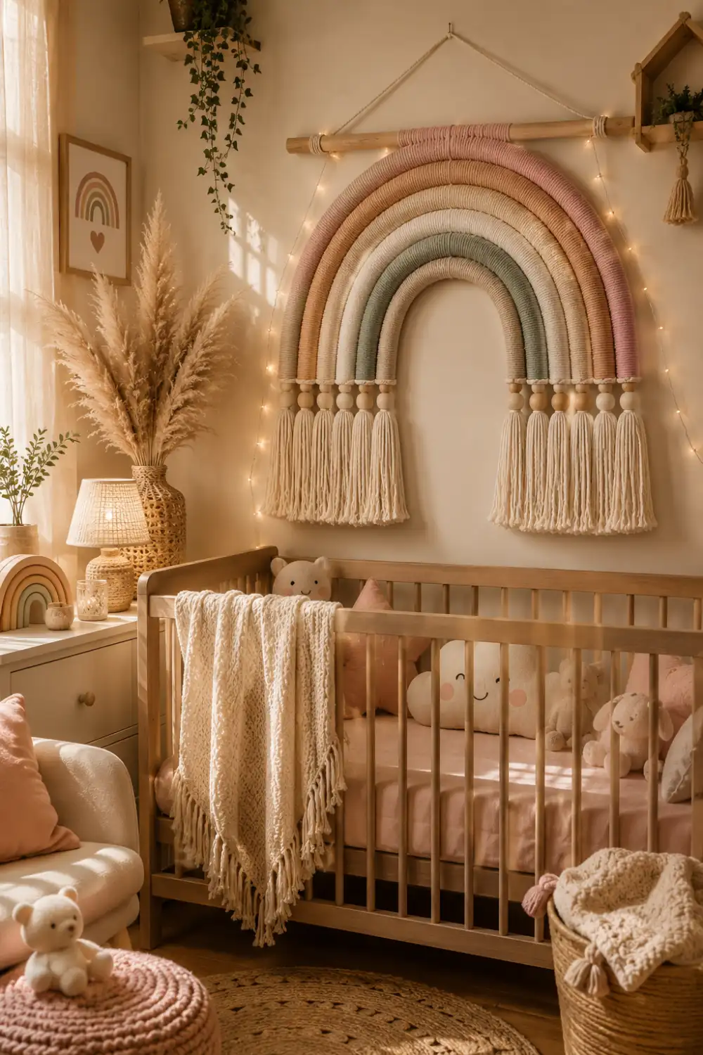 Pastel rainbow nursery macrame wall hanging with soft pink, beige, sage green, and cream tones displayed above a wooden crib in a cozy boho baby nursery with fairy lights and neutral decor.