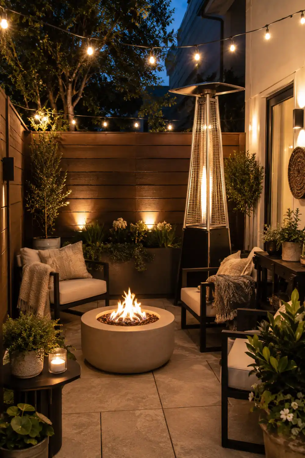 Cozy small patio fire pit setup with round modern fire bowl, string lights, black outdoor furniture, soft neutral cushions, warm accent lighting, and compact backyard design.