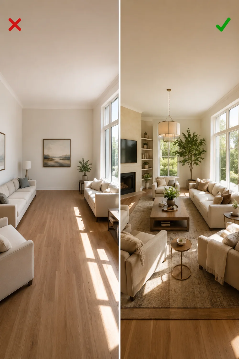 Furniture pushed against walls versus balanced luxury living room furniture layout with cozy seating area