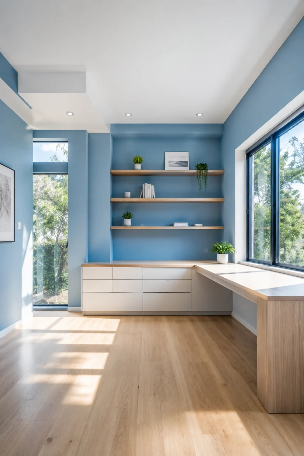 Bright sky blue home office with floating shelves, modern desk area, natural wood accents, and airy workspace design inspiration.