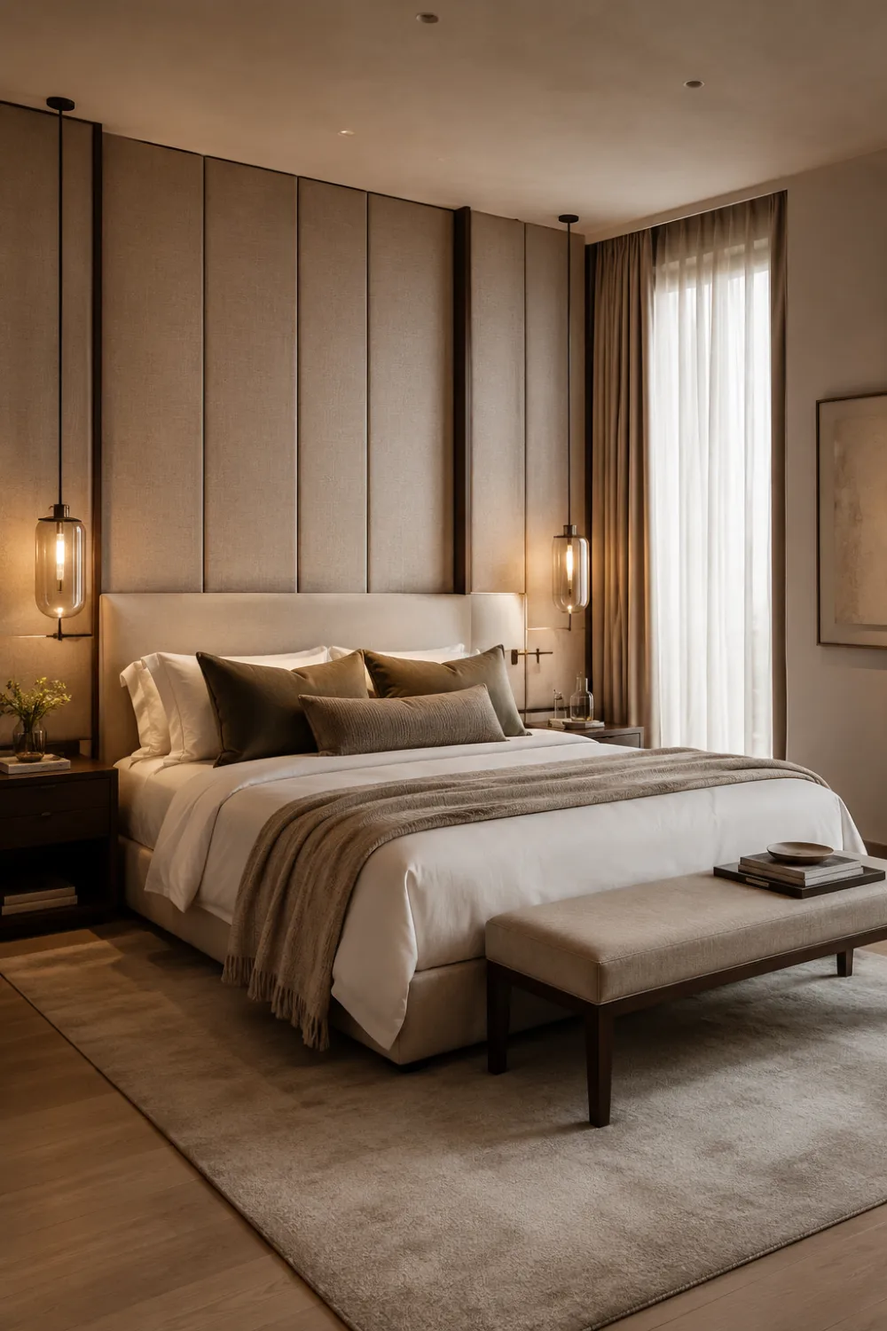 Luxury modern bedroom with upholstered fabric wall panels, layered neutral bedding, warm pendant lights, soft beige decor, elegant textures, and cozy hotel-inspired interior styling with minimalist sophistication.