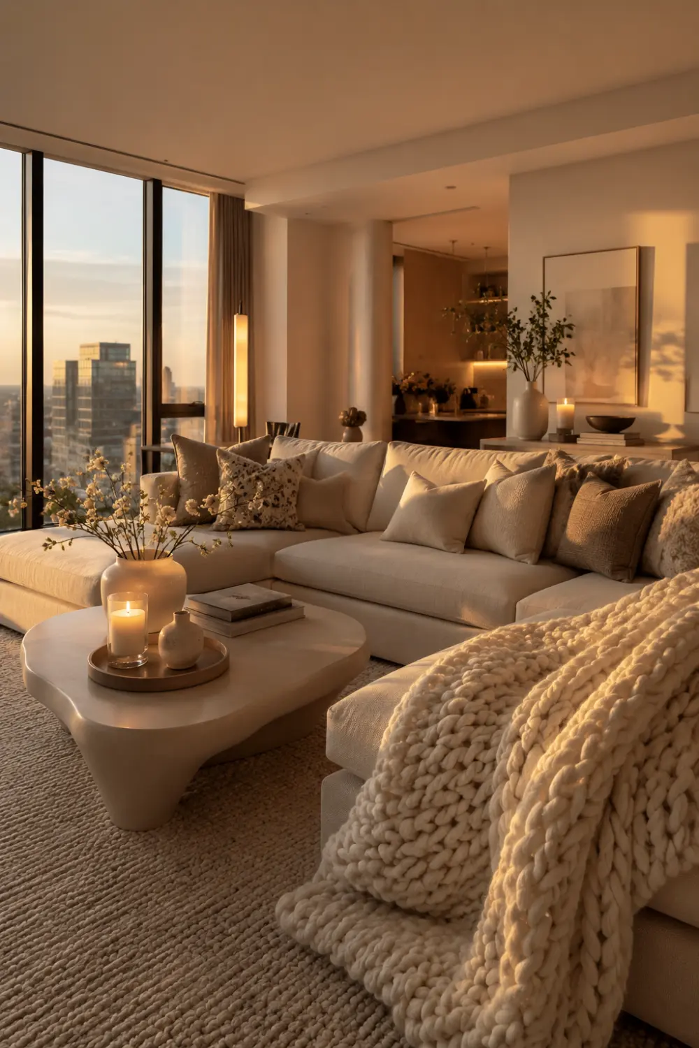 Cozy modern apartment living room with chunky knit blanket, neutral sectional sofa, soft textured pillows, warm sunset lighting, curved coffee table, candles, and luxurious minimalist decor creating a warm Pinterest-inspired apartment aesthetic for stylish renters.