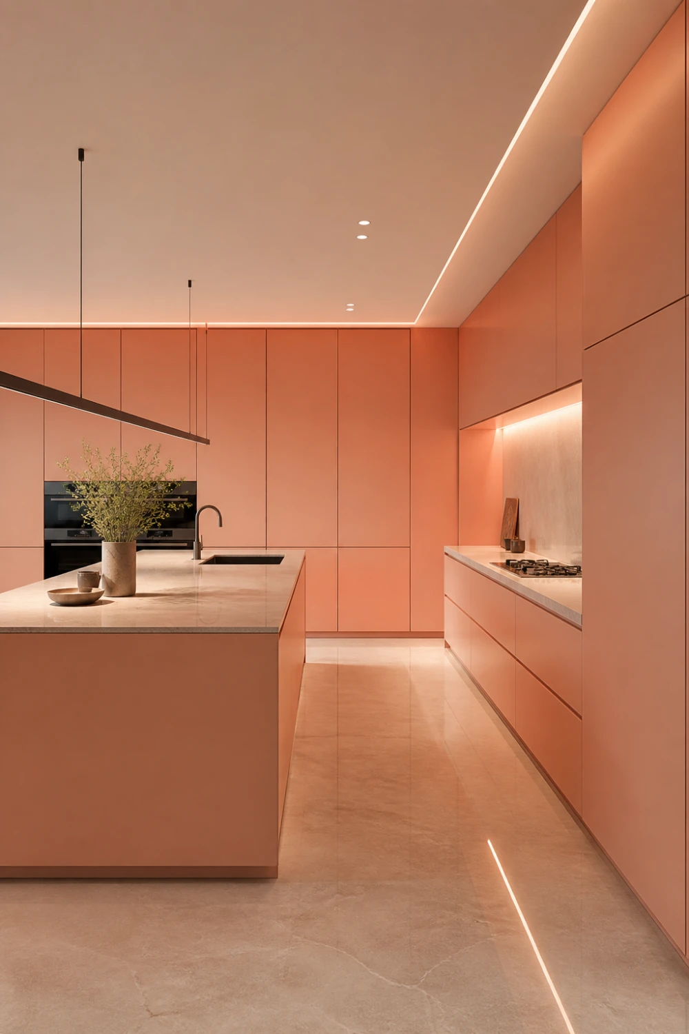 full peach kitchen with seamless cabinets, hidden lighting, modern island, glossy floor, ultra modern kitchen design with soft ambient glow