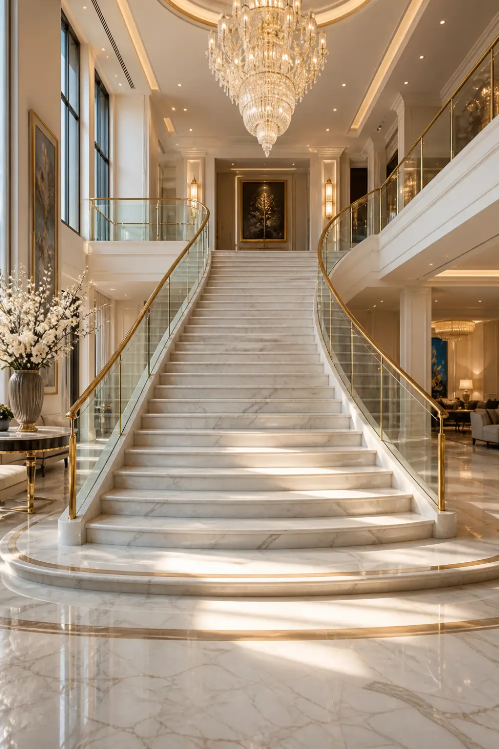grand marble staircase with gold railing, chandelier lighting, luxury mansion interior, elegant modern design