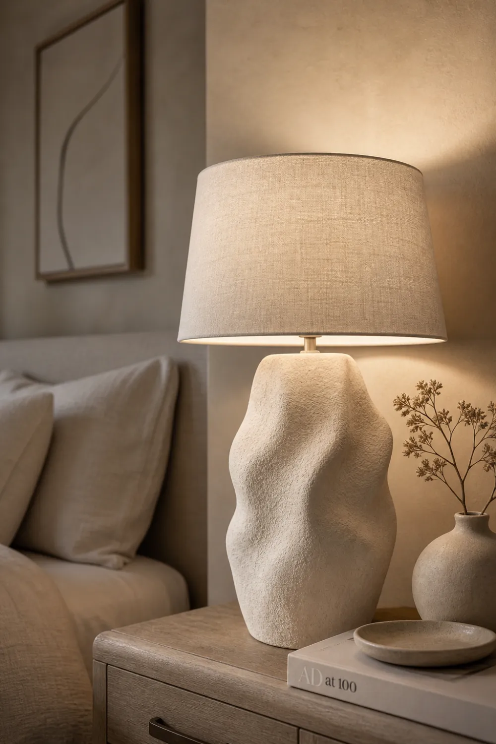 DIY plaster lamp with textured base linen shade warm ambient lighting bedside table modern cozy home decor neutral aesthetic
