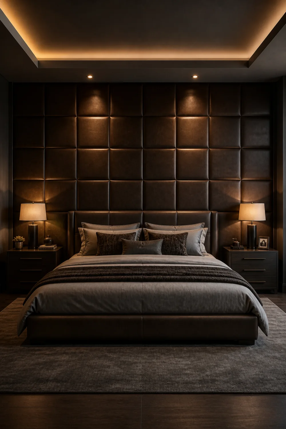 leather panel grid headboard luxury bedroom brown padded panels soft lighting elegant bed setup premium hotel style bedroom decor