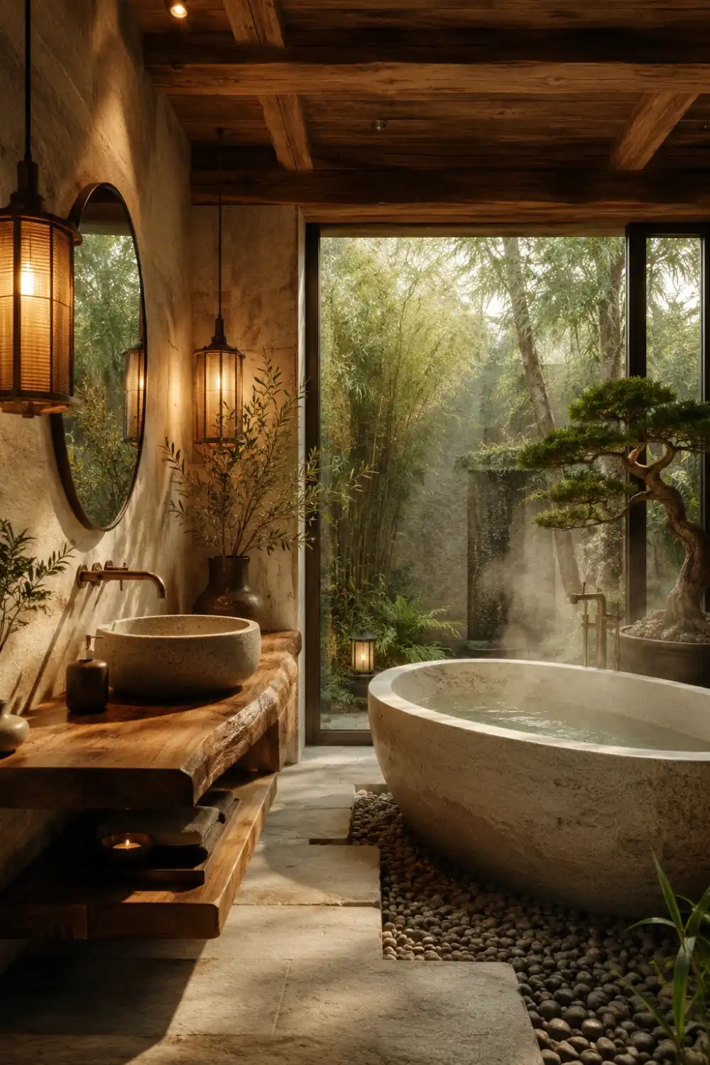 Zen inspired Japandi bathroom with natural stone soaking tub, rustic wood vanity, pebble flooring, warm lantern lighting, large nature views, rich wood ceiling beams, and peaceful spa-inspired minimalist decor.