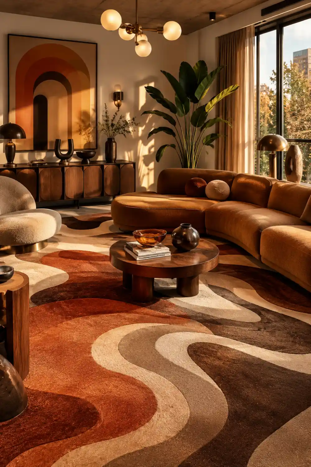 Retro modern living room with swirl pattern rug, curved brown sofa, warm wood furniture, earthy tones, artistic decor accents, and cozy vintage-inspired contemporary interior styling.