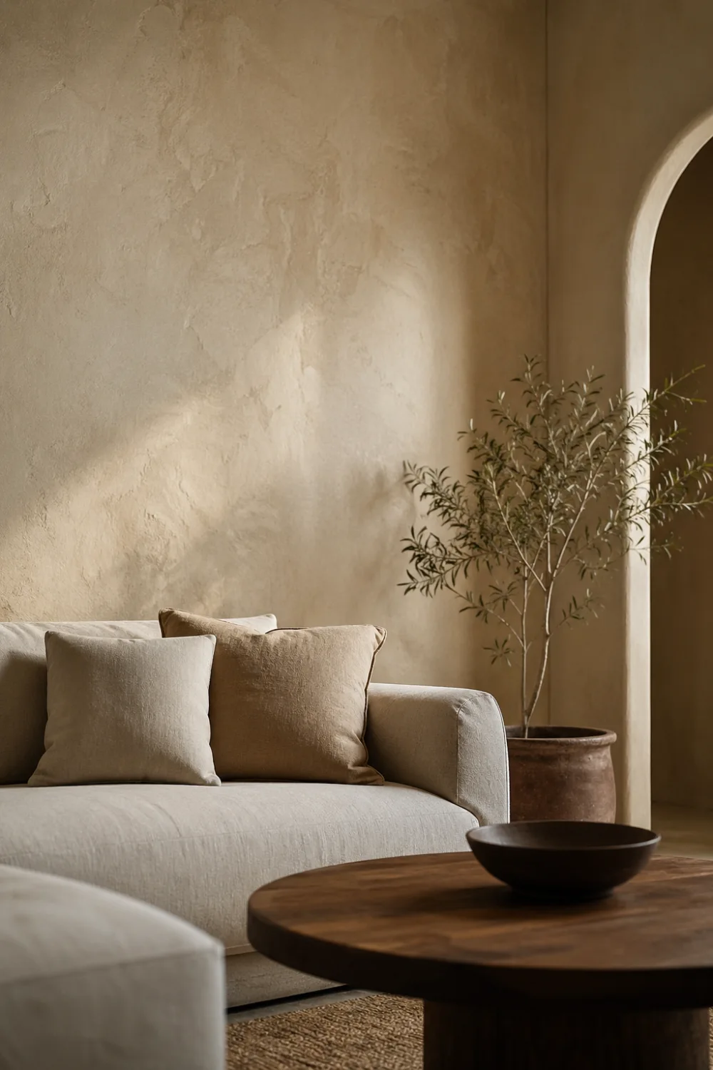 textured wall living room plaster finish neutral tones soft shadows modern interior minimal decor warm aesthetic home styling