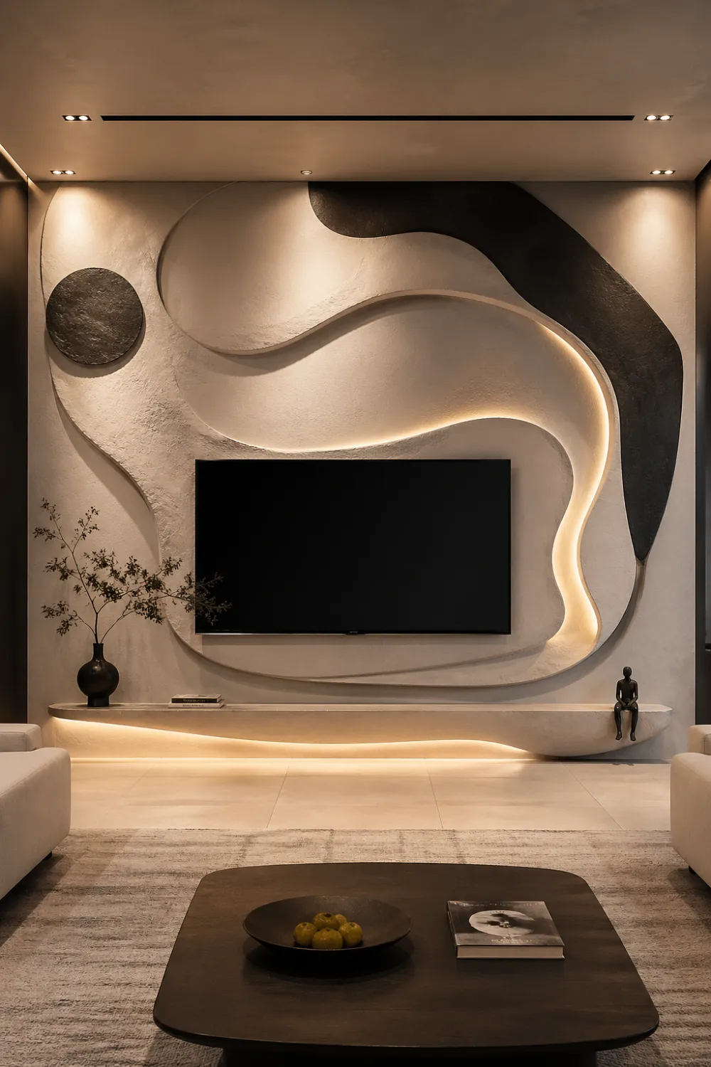 abstract sculptural 3D TV wall with smooth curves and textured panels, soft LED backlighting, modern minimalist living room with artistic wall design