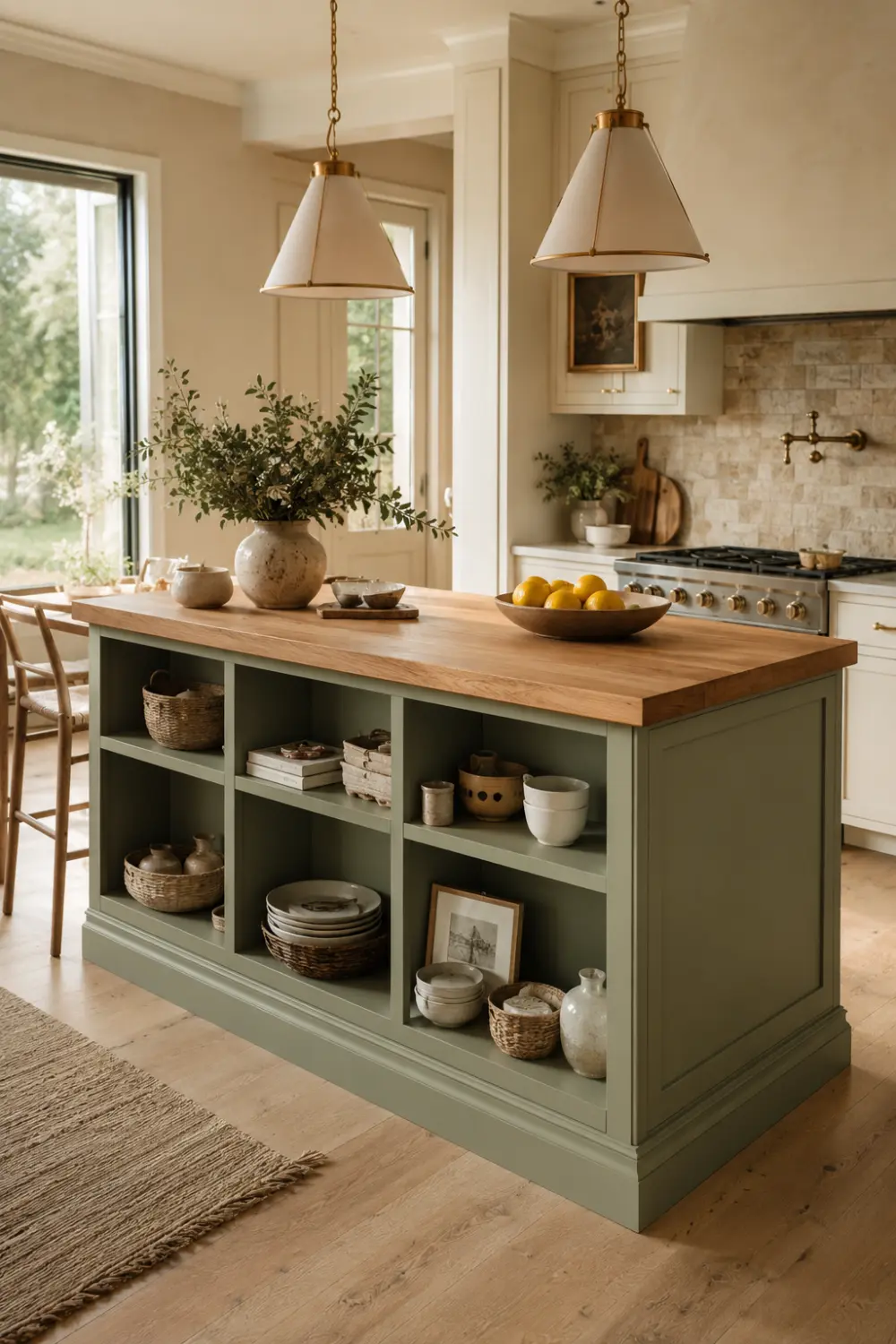 Sage green bookshelf transformed into a kitchen island with wooden countertop, open shelving, woven baskets, ceramic dishes, pendant lights, and modern farmhouse kitchen decor.