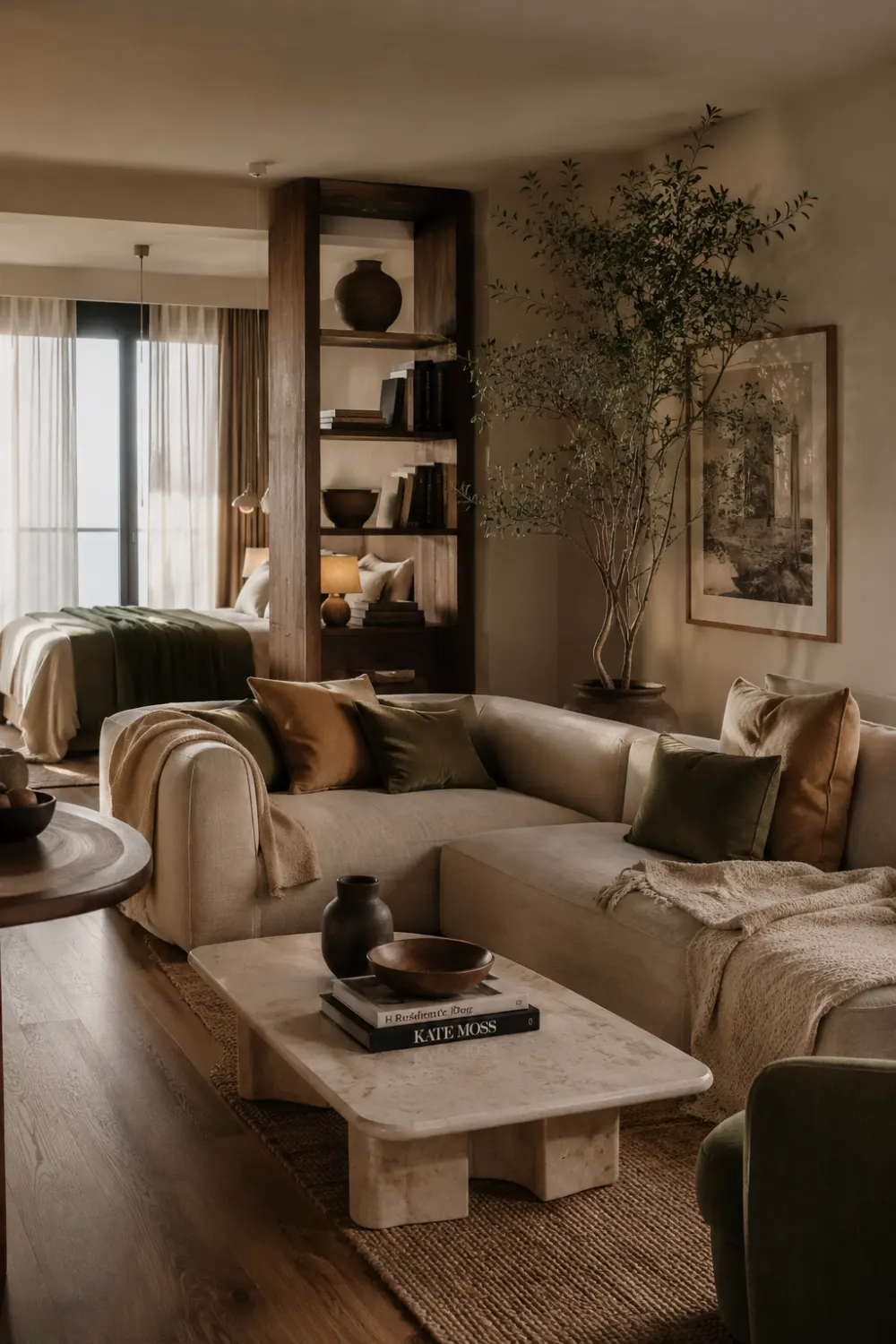 Luxury studio apartment with open shelving room divider, cozy neutral sofa, warm wood decor, layered textures, and modern small apartment aesthetic with earthy tones.