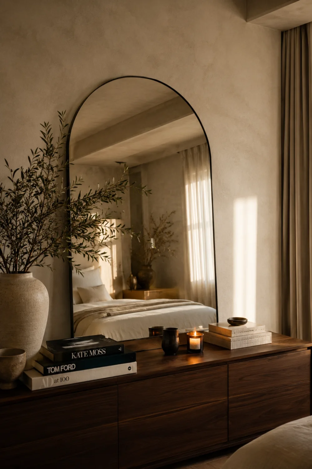 Layered arch mirror resting against the wall on a dark wood dresser with candles, stacked books, ceramic vase decor, warm lighting, soft neutral bedroom tones, and cozy luxury interior styling.