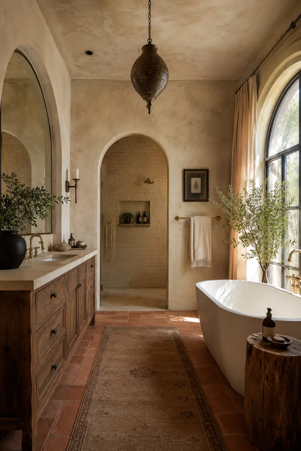 Mediterranean earthy bathroom with terracotta flooring, arched shower entrance, rustic wood vanity, freestanding bathtub, neutral plaster walls, large arched window, and warm organic spa-inspired decor.