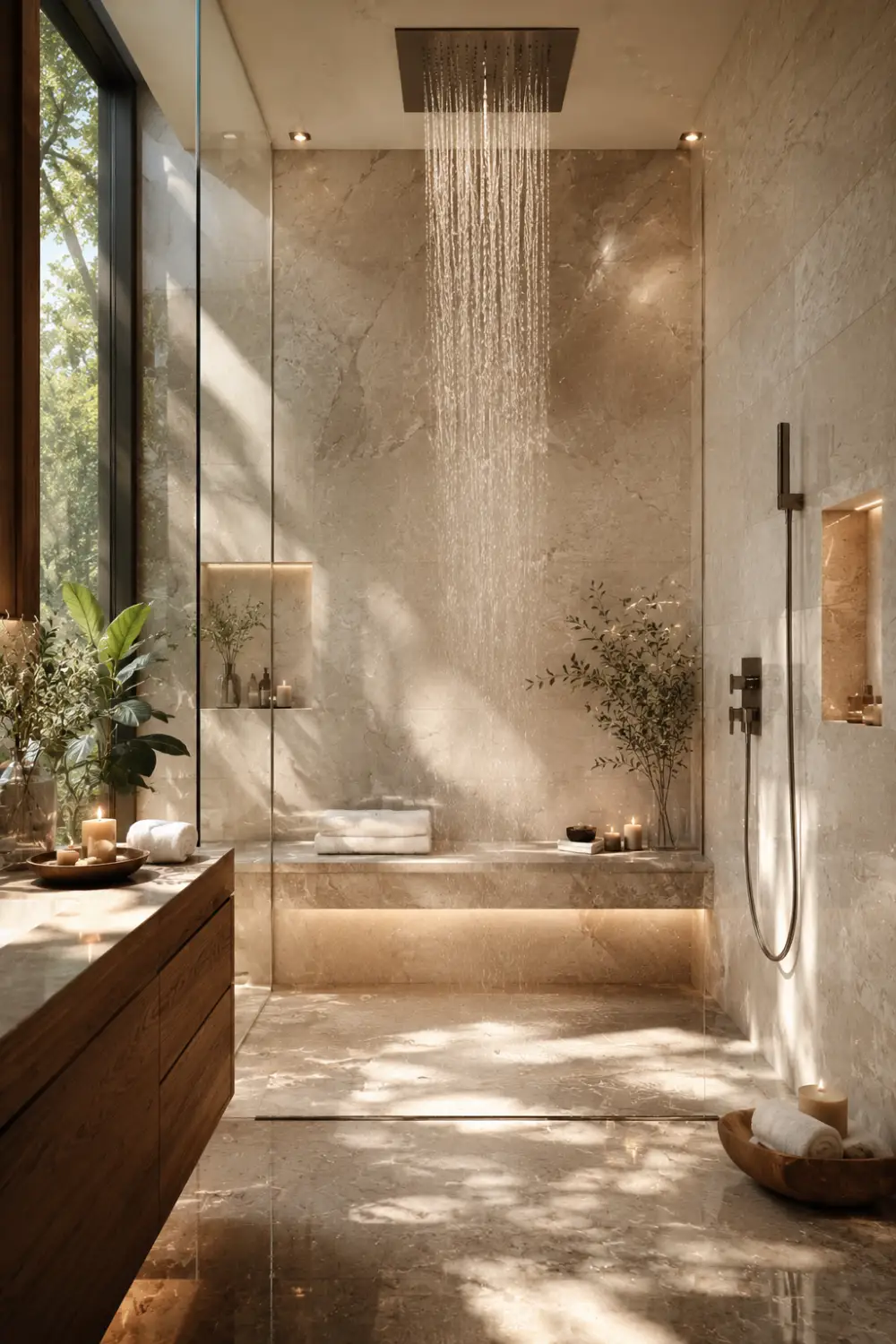 Minimalist stone rain shower retreat with frameless glass, neutral stone textures, soft sunlight, built-in bench seating, and calming spa bathroom decor.