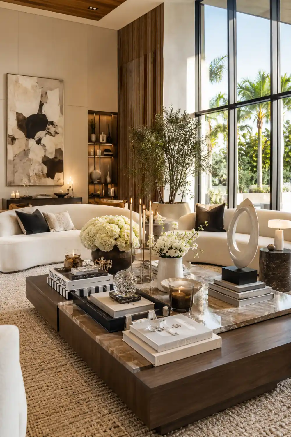 Luxury hotel-inspired living room with a dark wood coffee table styled using candles, crystal decor, sculptural accessories, designer books, and fresh white floral arrangements. Bright neutral furniture, oversized windows, and elegant styling create a sophisticated Pinterest-worthy home aesthetic.