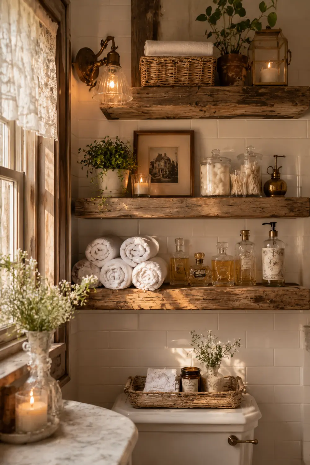 Rustic open bathroom shelves with rolled towels, glass apothecary jars, candles, vintage bottles, subway tiles, warm Edison lighting, and farmhouse decor styling.
