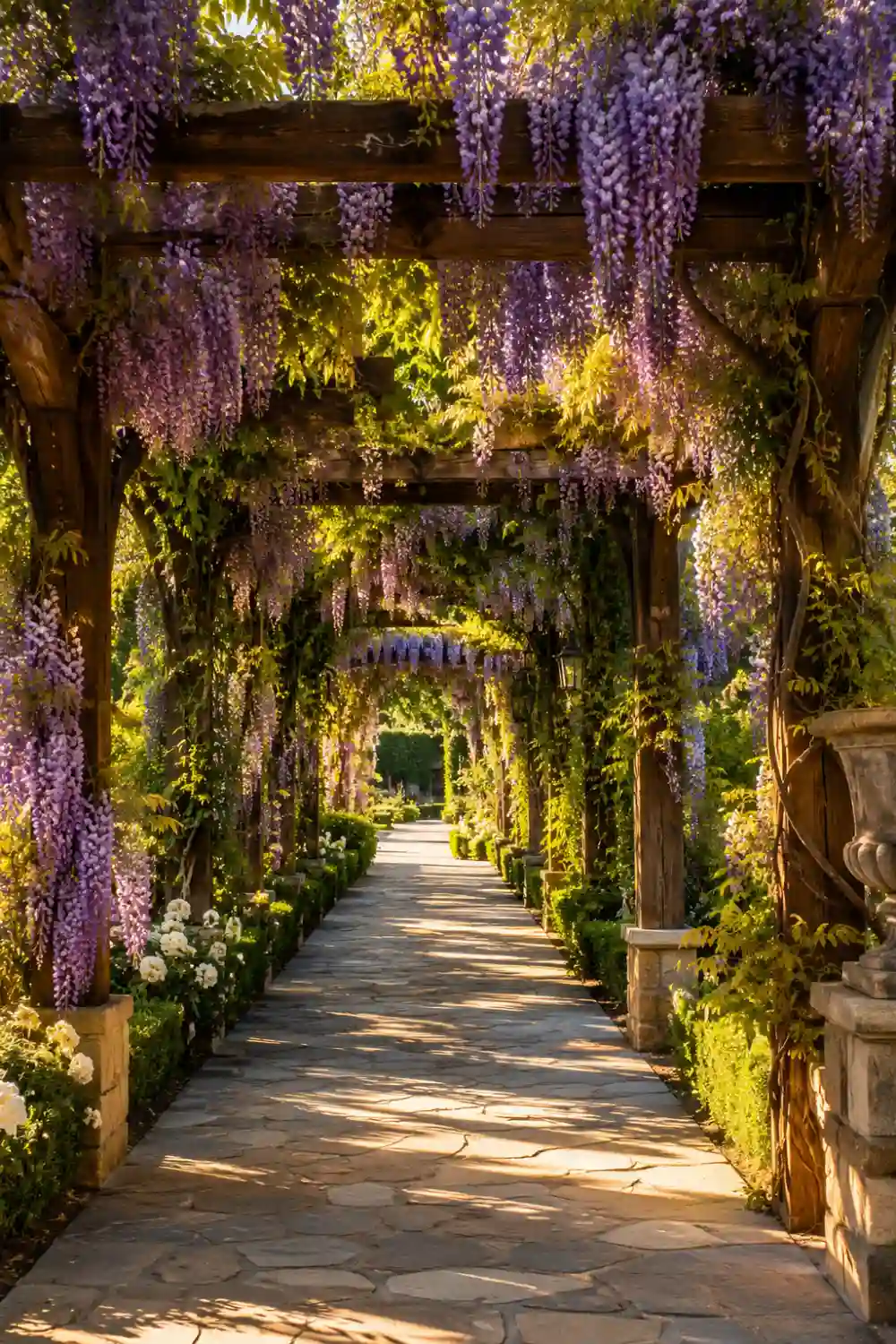 Large wooden pergola tunnel covered in cascading purple wisteria flowers above a long stone pathway surrounded by lush greenery and warm golden sunlight.