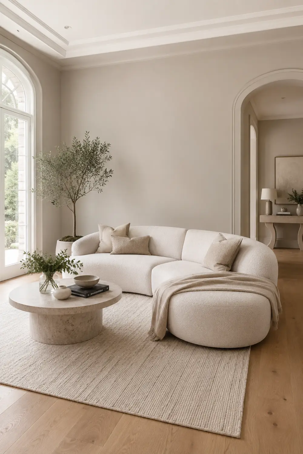 Creamy ivory quiet luxury living room with curved boucle sofa, marble coffee table, light wood flooring, arched architecture, soft neutral decor, textured rug, and airy modern interior styling filled with natural sunlight.