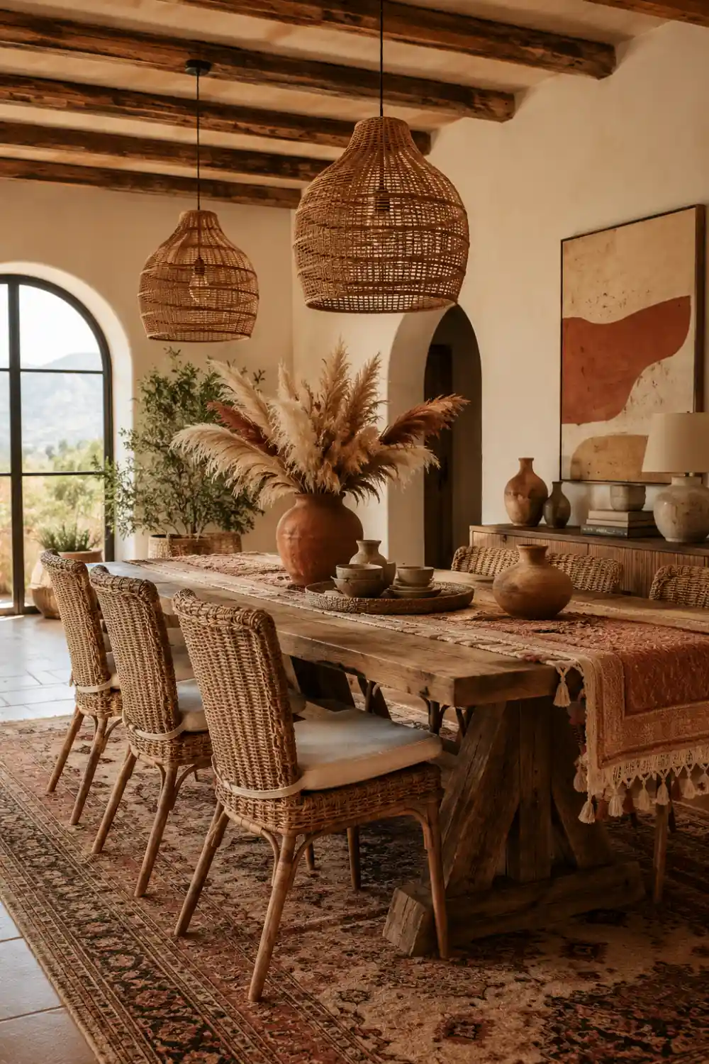 Rustic boho farmhouse dining room with woven rattan chairs, reclaimed wood dining table, oversized woven pendant lights, pampas grass centerpiece, terracotta decor, vintage rug, earthy neutral tones, exposed wooden beams, and cozy bohemian farmhouse interior styling.