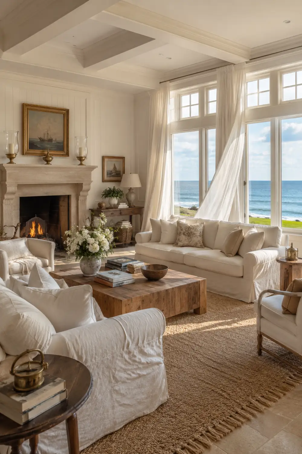 Coastal old money living room with ocean view windows, white linen sofas, rustic wood coffee table, woven rug, soft neutral decor, fireplace, natural sunlight, and elegant Hamptons-style luxury interior inspiration.