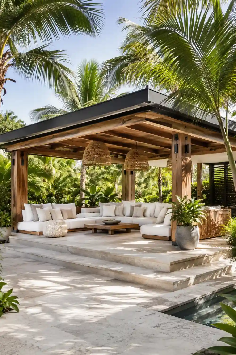 Tropical modern gazebo with natural wood structure, oversized neutral seating, woven pendant lights, palm trees, stone platform, and luxury resort-style outdoor living space.
