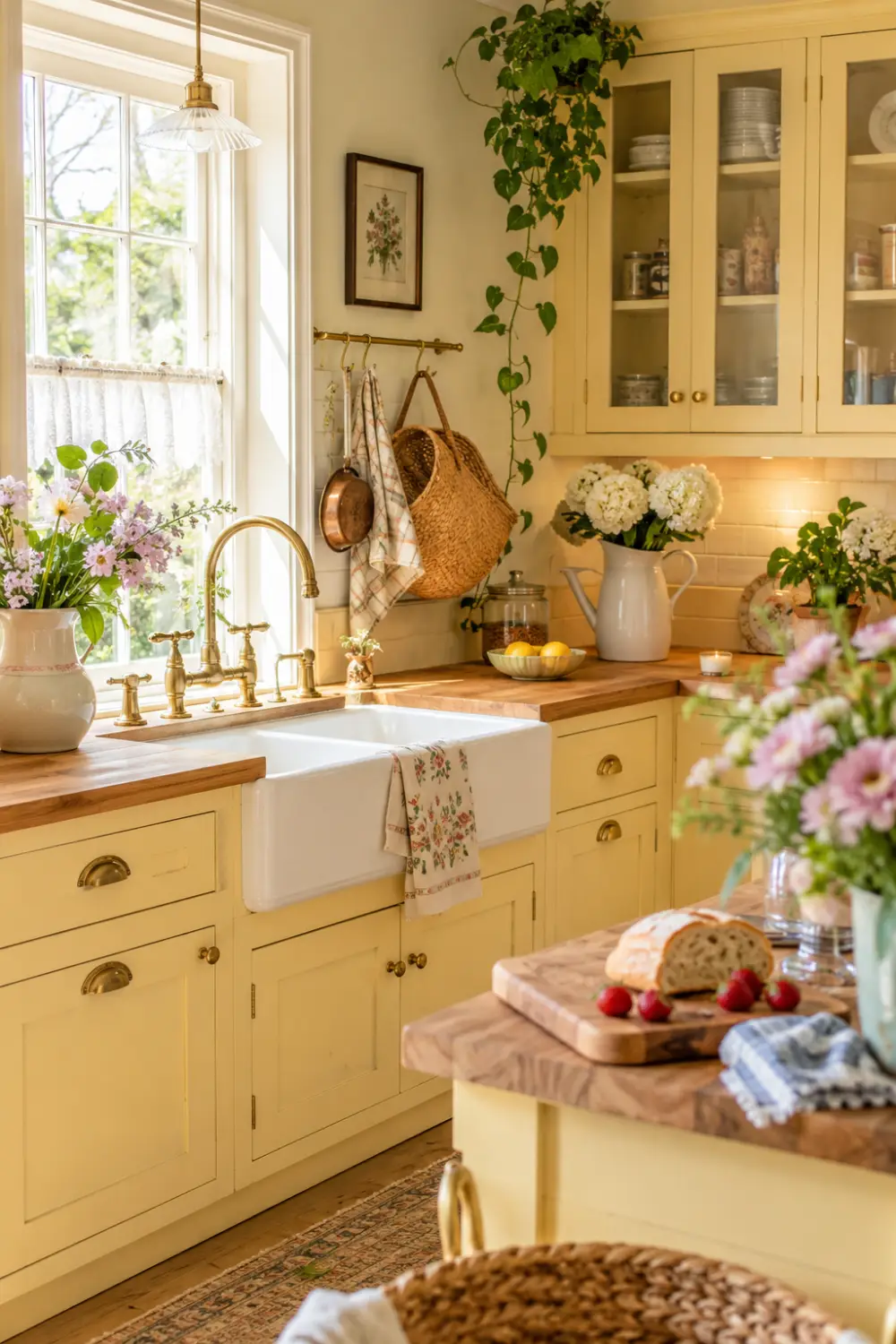 Creamy butter yellow kitchen cabinets with farmhouse sink, butcher block countertops, floral decor, and cozy cottage kitchen styling