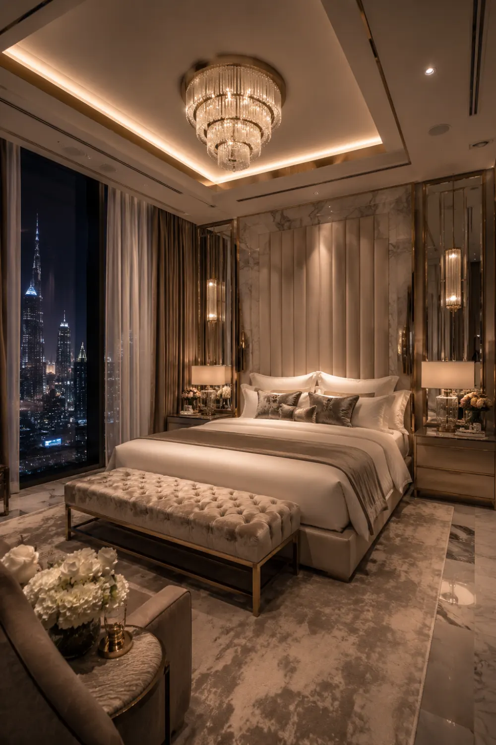 Modern luxury hotel romantic bedroom with floor-to-ceiling city skyline windows, marble accents, crystal chandelier, upholstered bed, layered neutral bedding, warm lighting, and elegant penthouse suite decor.