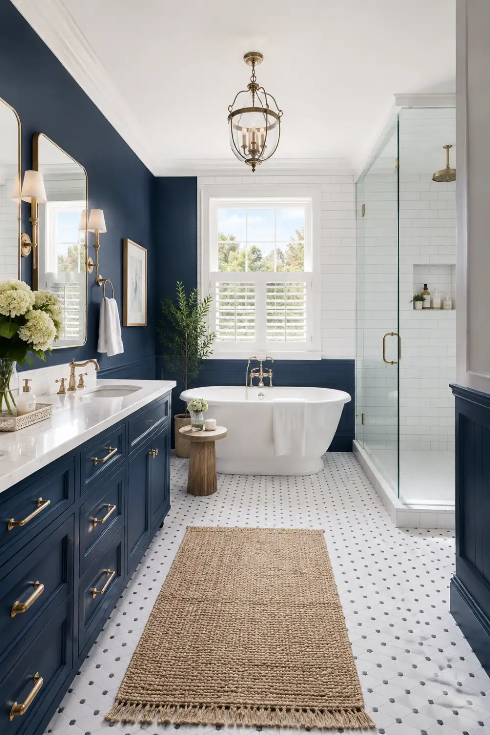 Bright navy and white bathroom with navy vanity, white subway tile shower, freestanding tub, brass fixtures, woven rug, natural light, and elegant modern bathroom inspiration.