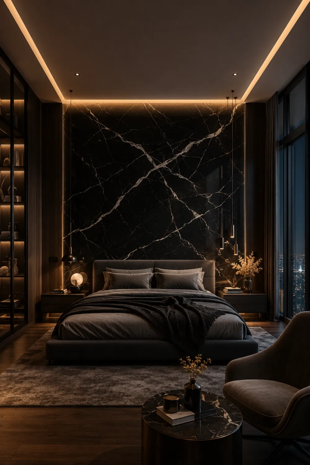 Modern luxury bedroom with dramatic black marble feature wall, white marble veining, warm LED lighting, dark bedding, sleek furniture, moody decor, contemporary interior styling, and upscale penthouse bedroom inspiration.
