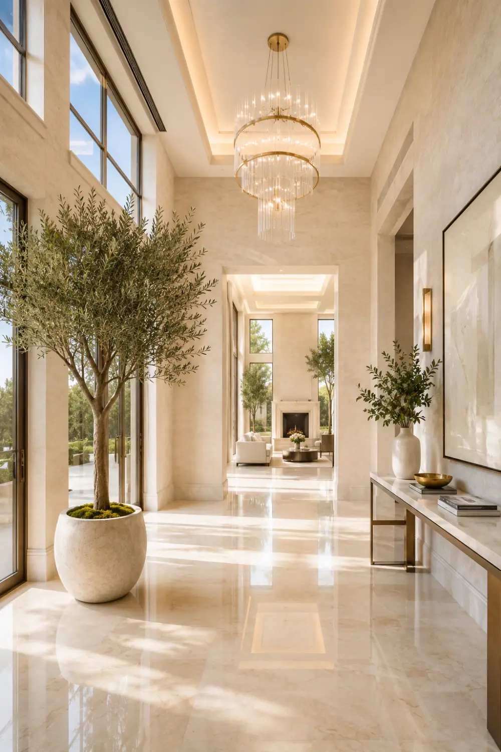 Luxury entry hallway with indoor olive tree, crystal chandelier, floor-to-ceiling windows, glossy marble floors, modern console table, neutral decor, and bright upscale mansion style interior.