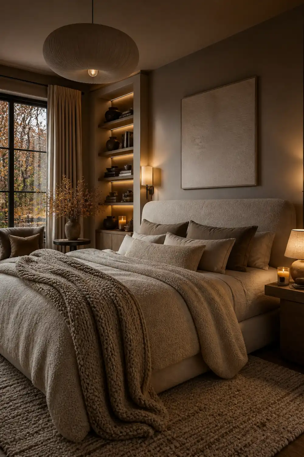 Luxury neutral bedroom with layered cozy bedding, chunky knit throw blanket, soft ambient lighting, plush textures, warm earthy tones, and elegant autumn bedroom decor inspiration.