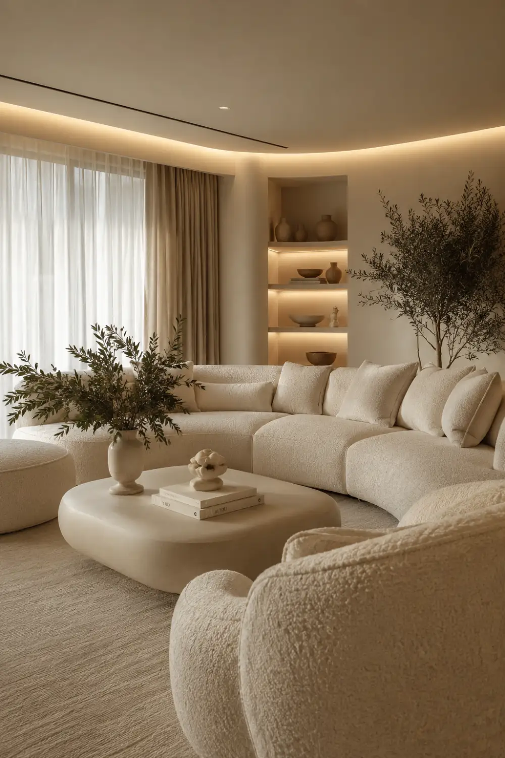 Curved neutral living room with boucle sectional sofa, sculptural coffee table, warm LED lighting, olive trees, layered cream textures, modern organic decor, and cozy luxury apartment design.