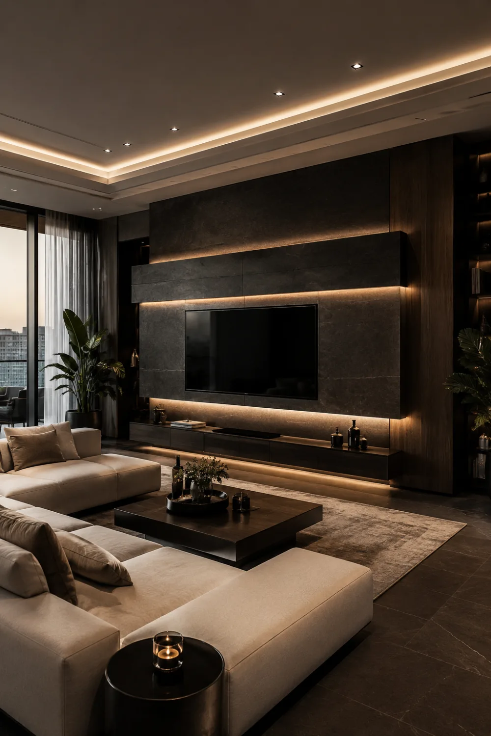 Dark contemporary floating TV wall with warm LED lighting, oversized floating media panels, cream sectional sofa, and luxury modern living room with rich architectural details.